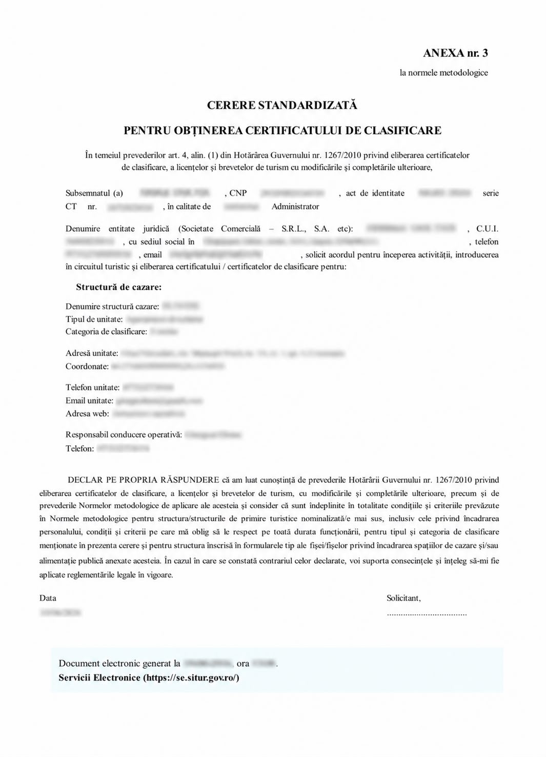 Exemplu cerere standardizată pentru obținerea certificatului de clasificare