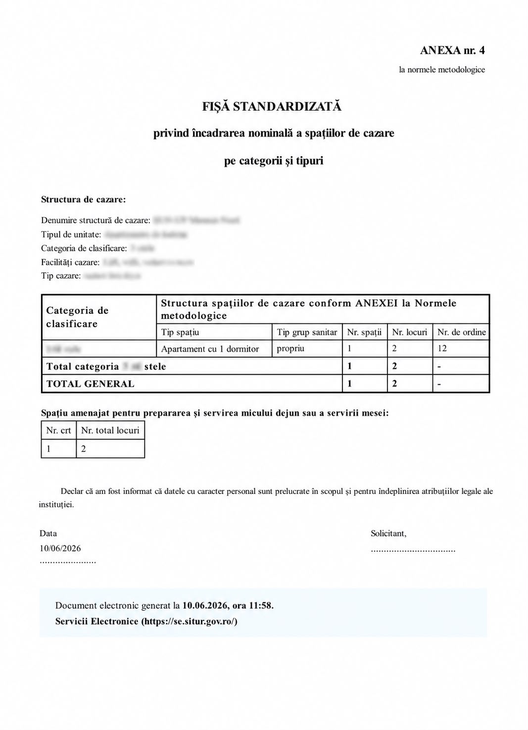 Exemplu fișă standardizată privind încadrarea spațiilor de cazare